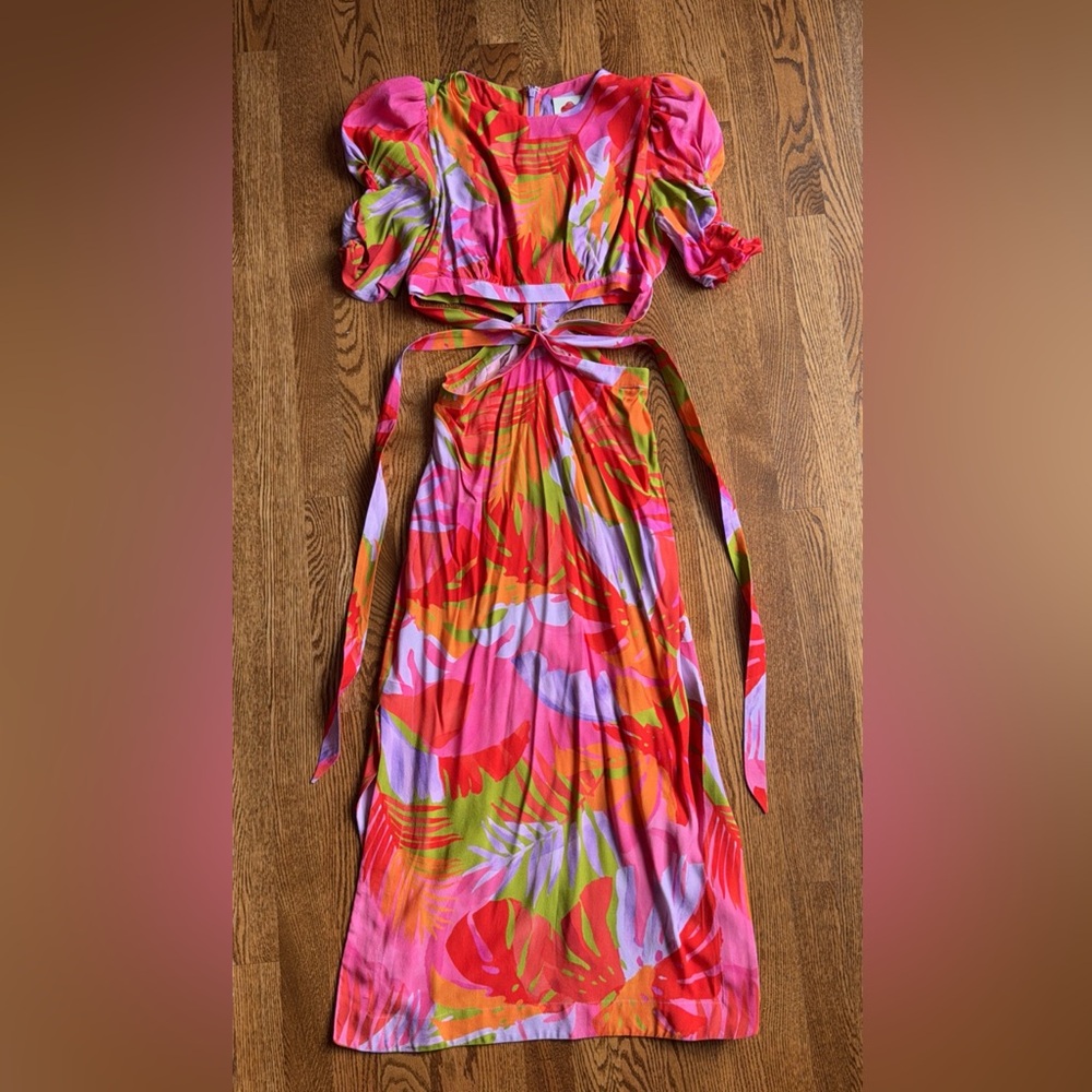 Farm Rio | Tropical Cutout Tie Waist Midi Dress | S |Vibrant Colors | Worn once